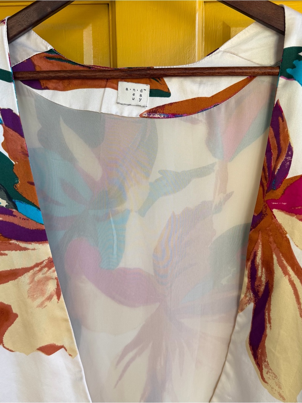 White Floral Satiny Kimono Jacket with Bright Multicolor Print - Picture 10 of 14